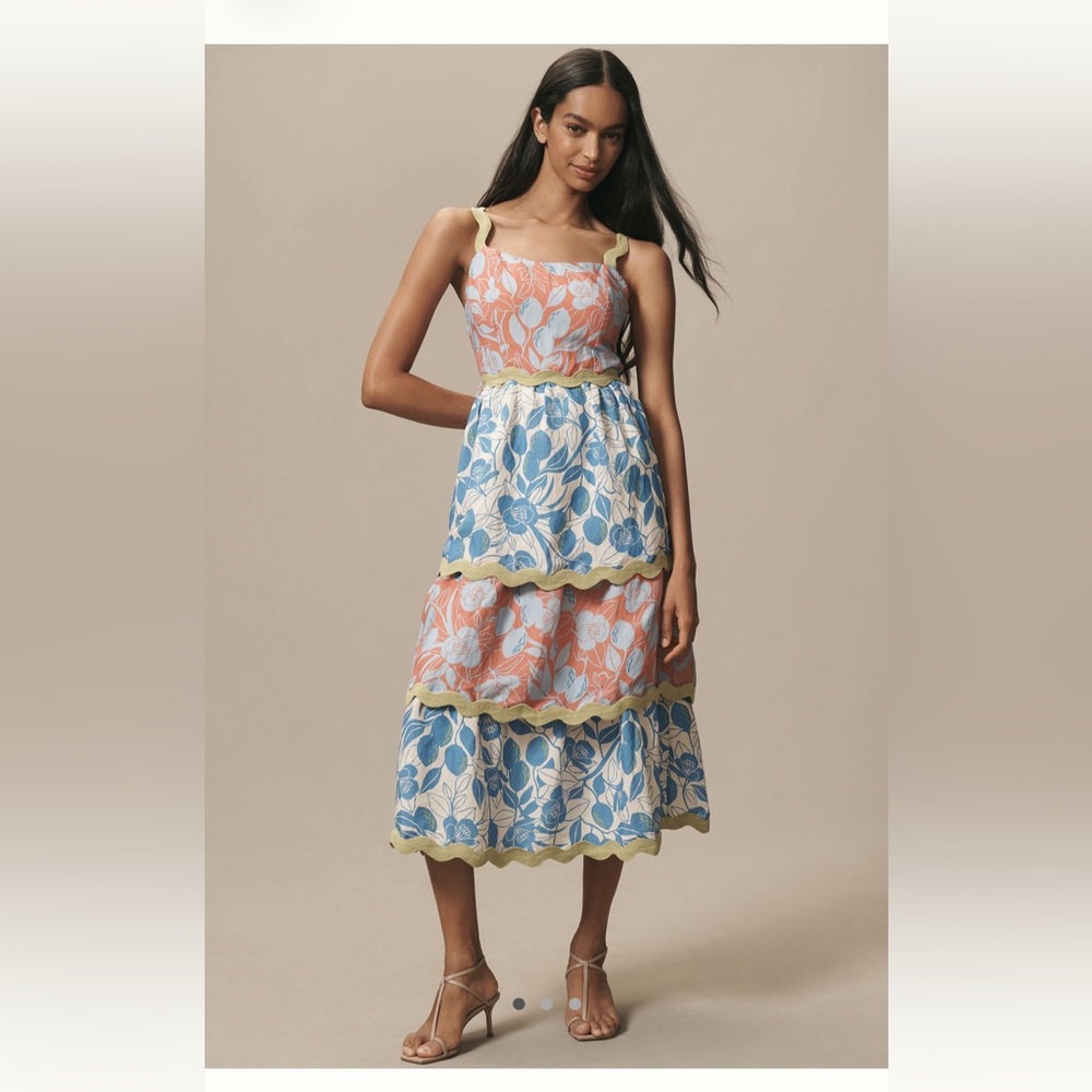 FARM Rio x Anthropologie Linen Blend Tiered Floral Dress